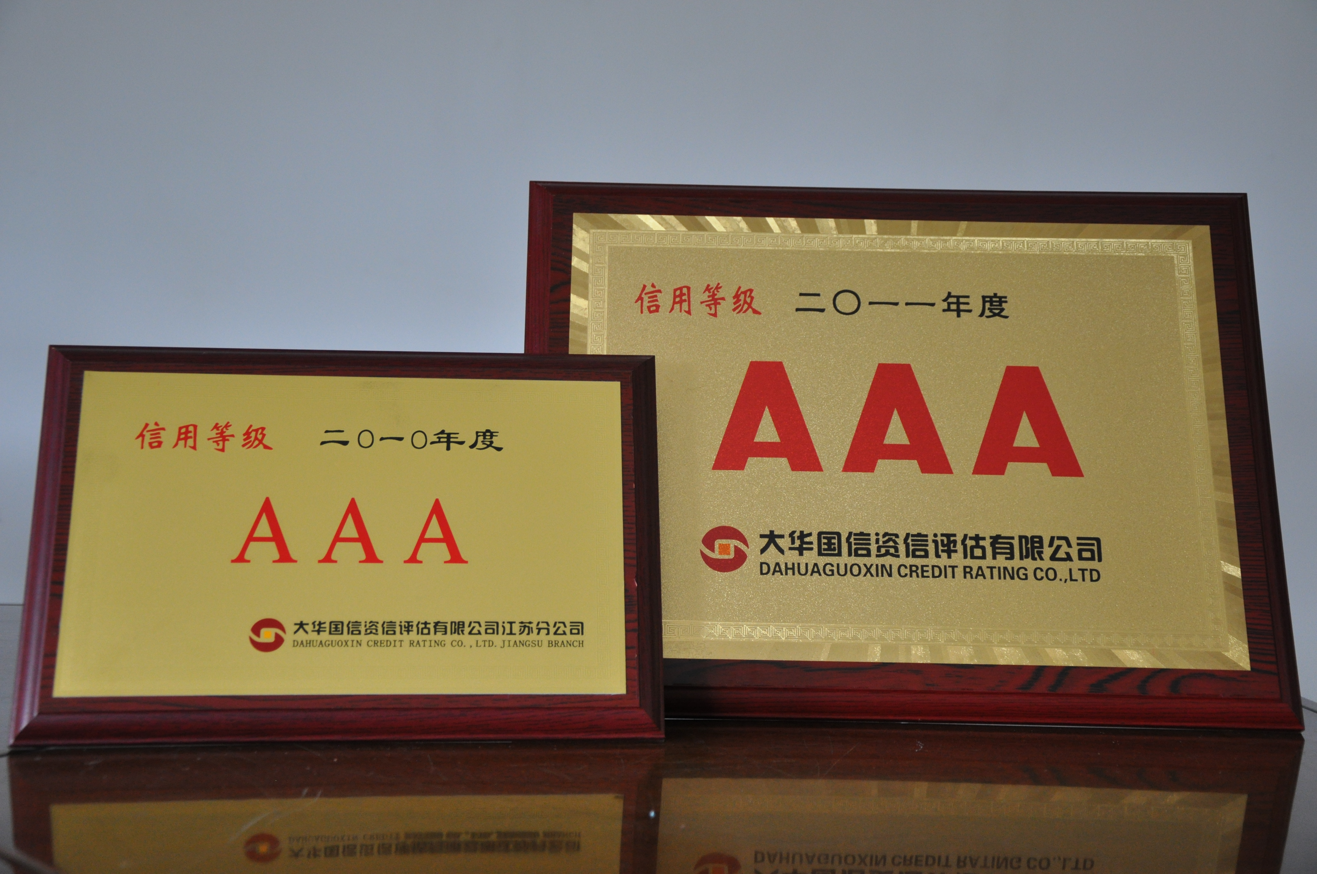 1996年至今連續15年獲得江蘇大華、遠東、東宇等國際評估機構資信評估AAA信用等級